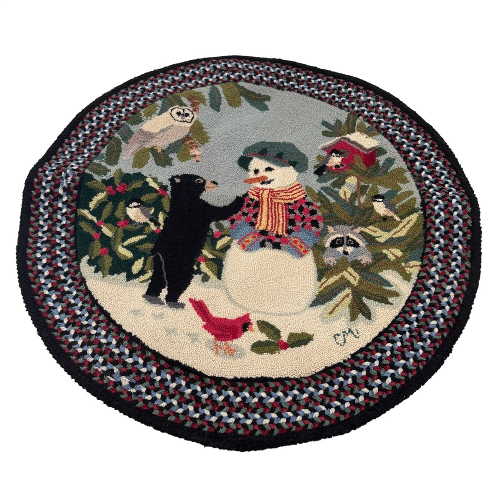 Claire Murray Wool Hooked Rug Snowman Black Bear Winter Woodland Round 39" 2230
